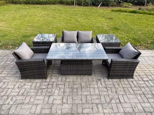Fimous 4 Seater Rattan Outdoor Garden Dining Set with Lifting Table and 2 Side Tables in Dark Grey