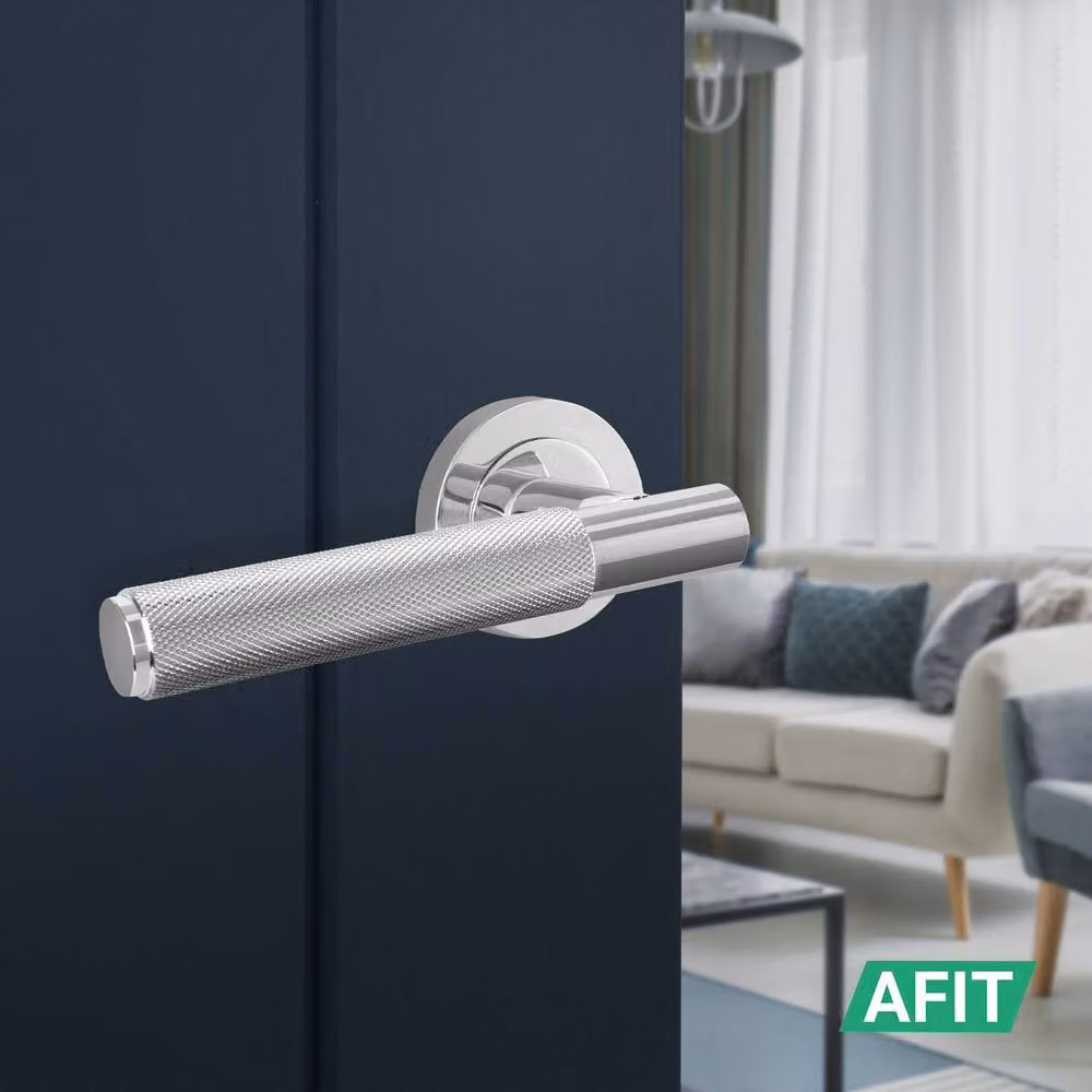 AFIT Polished Chrome Rose Latch Door Handle Kit with 6 Pairs of Knurled Silver Hinges – 4