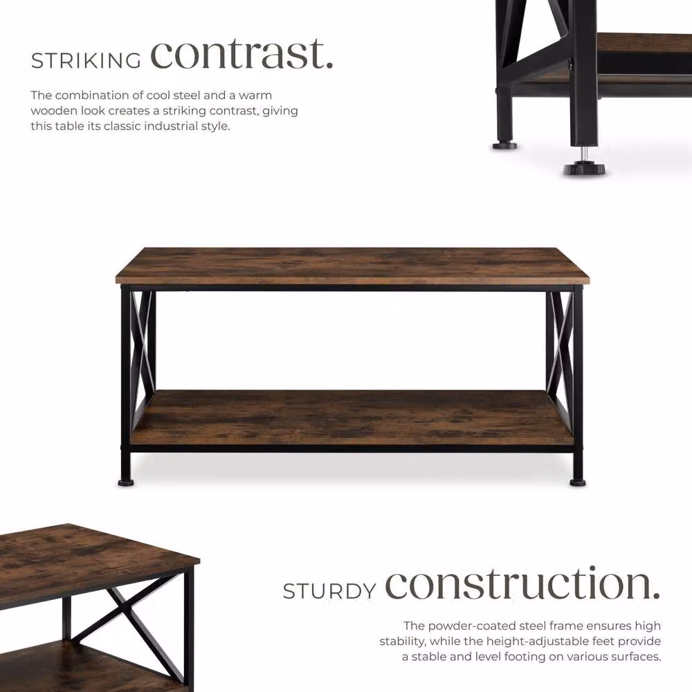 tectake Pittsburgh Rectangular Coffee Table with Storage Shelf in Brown and Grey – 3