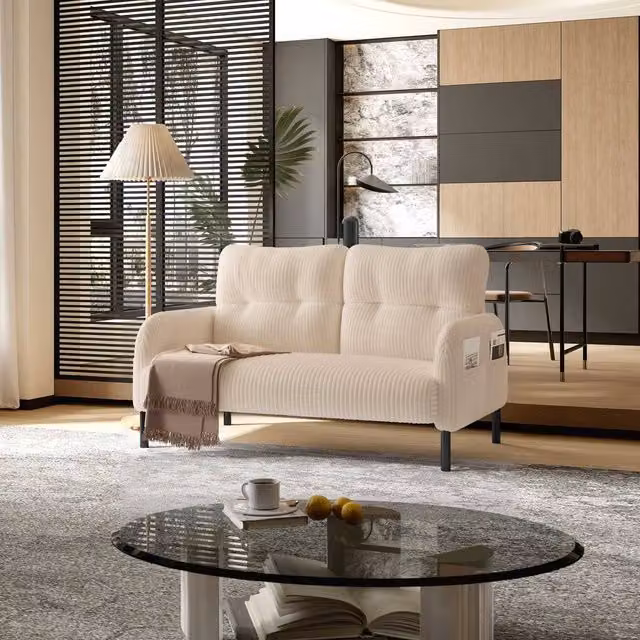 STILVORA Beige Corduroy Upholstered Double Sofa with Wood Details W/D/H: 120 x 79 x 140 cm