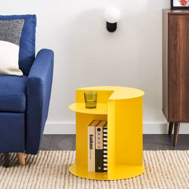 Wyld and Coco Yellow Metal Round Geometric Side Table with Shelf – 1
