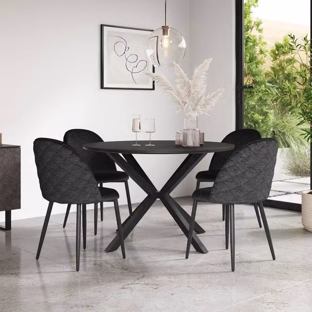 More4Homes Calne Round Ceramic Dining Table and 4 Raye Velvet Chairs in Black, Diameter: 120 cm, Height: 75 cm