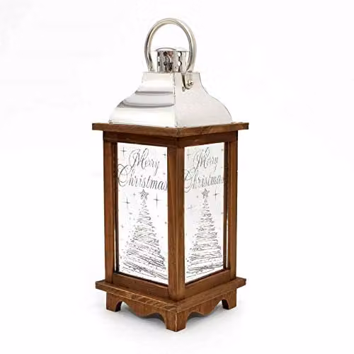 Shatchi Wooden Christmas Lantern with Warm White String Lights, Brown, H 26 cm x W 14 cm x D 14 cm