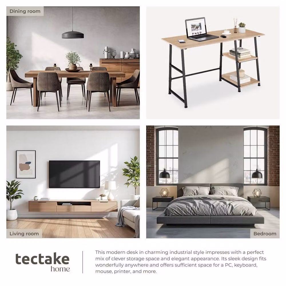 tectake Paisley Desk with Trapezoidal Frame and Shelf with 2 Storage Compartments in Light Oak – 4