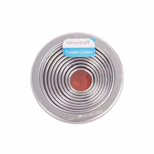 KitchenCraft Eleven Round Plain Silver Cookie Cutter Set with Metal Storage Tin – 1