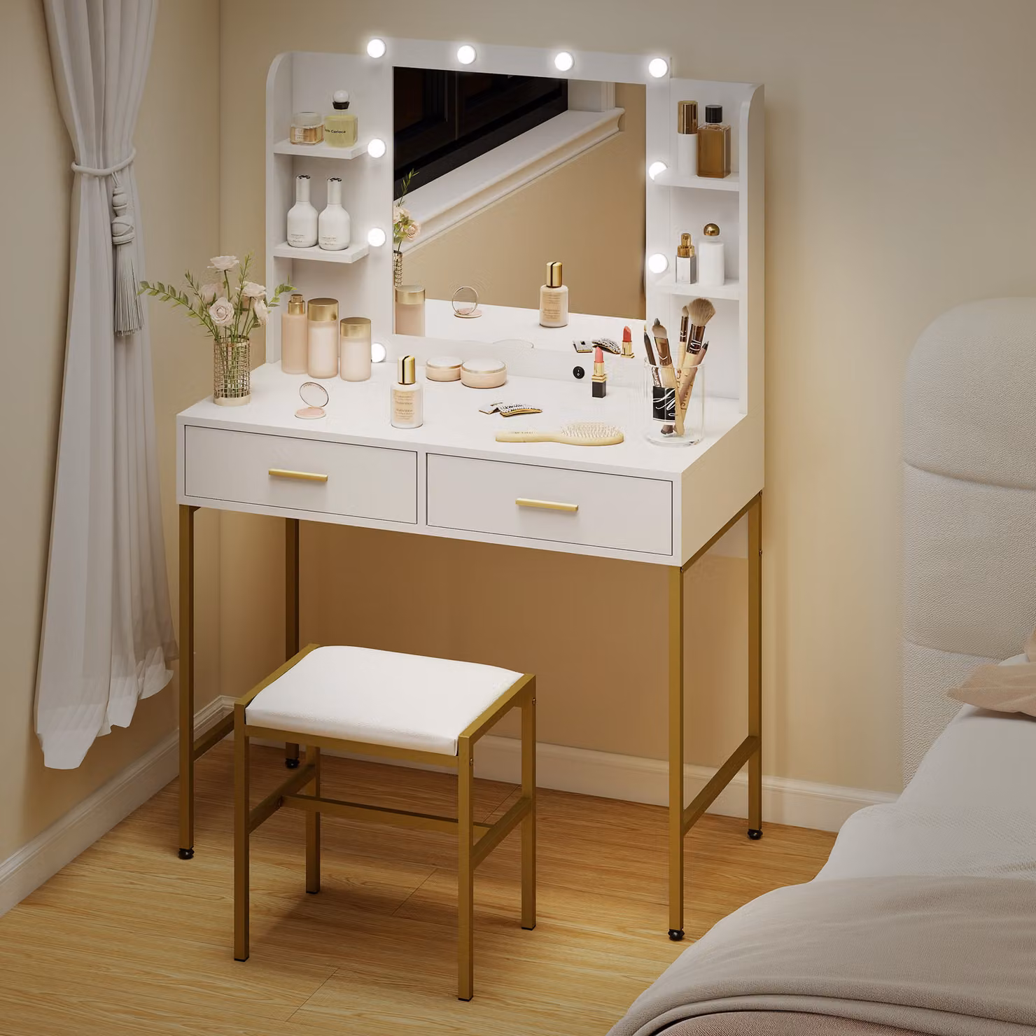 HOMCOM Modern White Makeup Vanity Desk Set with LED Hollywood Mirror, Cushioned Stool, Drawers and Shelves – 4