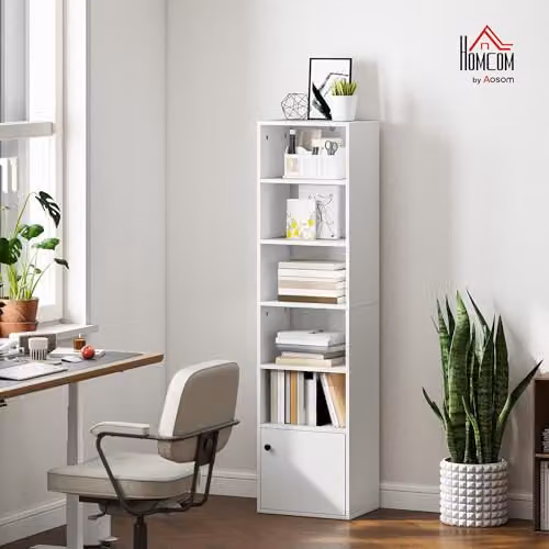HOMCOM 6-Tier Tall Narrow Bookshelf with 3 Adjustable Shelves, White – 2