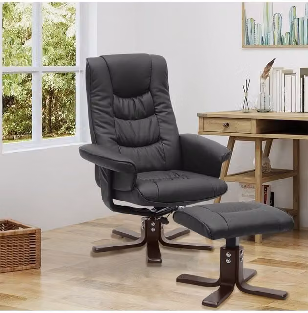 Living and Home Black PU Leather Adjustable Swivel Recliner with Footstool – 1