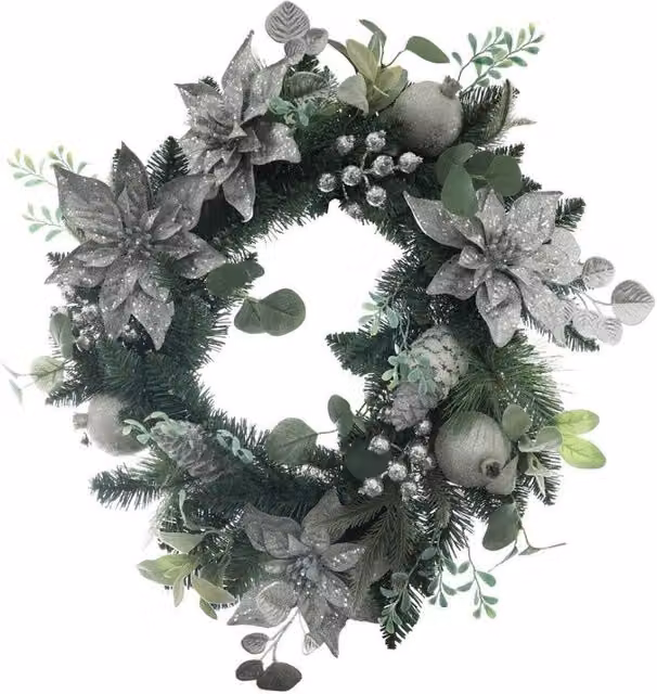 KDMD Silver Poinsettia and Bauble Christmas Wreath, Diameter: 60 cm