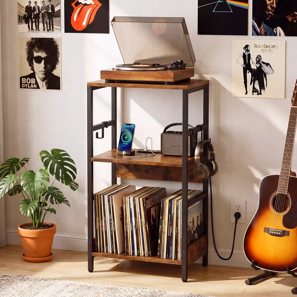 Gymax 3-tier Turntable Stand Vinyl Storage Table with Charging Station in Brown – 3