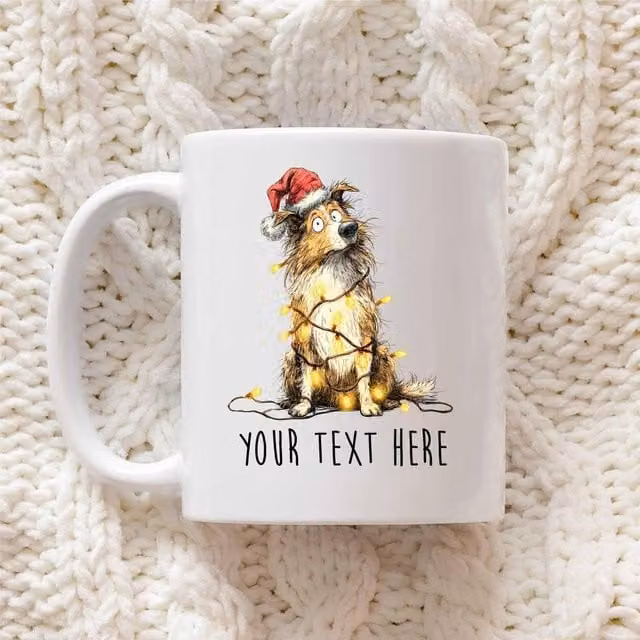 60 SECOND MAKEOVER Personalised Shetland Sheepdog Christmas Lights Santa Hat Ceramic Mug in White