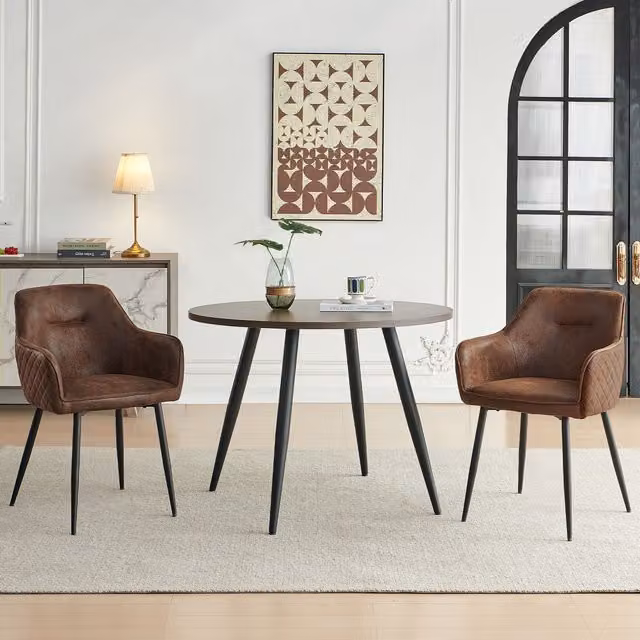 SONARA Dark Walnut Round Dining Table and 2 Brown Faux Suede Dining Chairs Set
