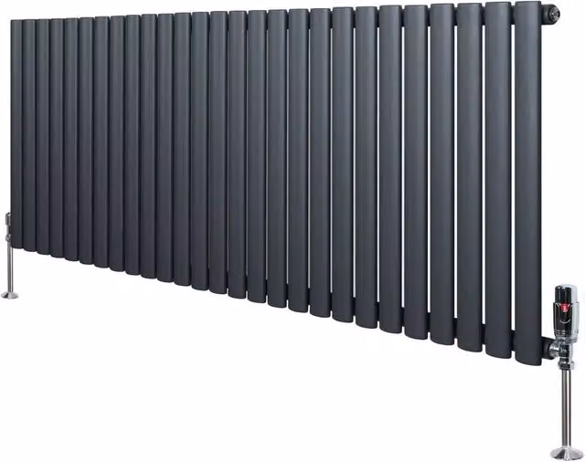 Monstershop Oval Single Column Steel Radiator and Valves with Thermostat Head, Anthracite Grey, H: 162 cm, W: 60 cm