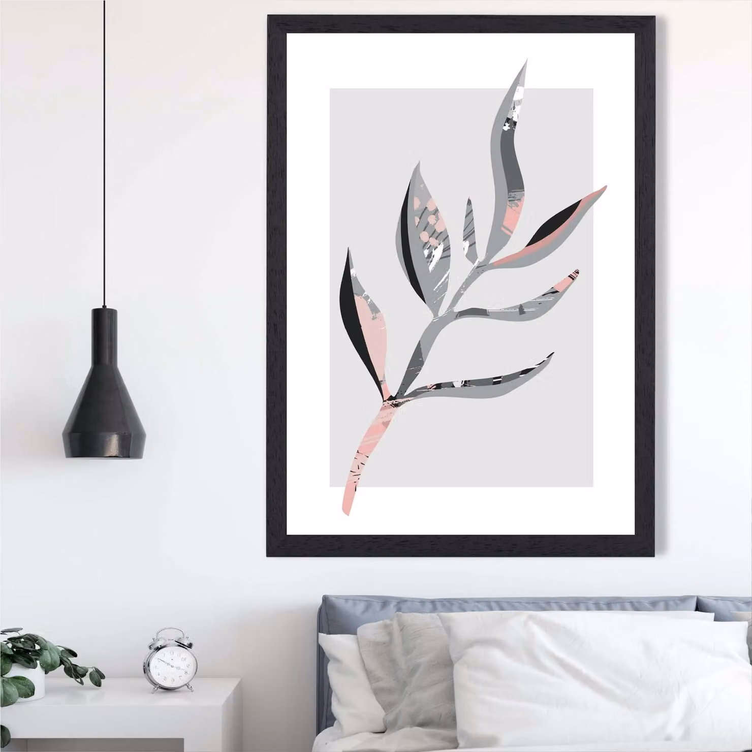 ARTZE Boho Botanical Papyrus Leaf Framed Print in Grey and Pink with Black Frame – 2