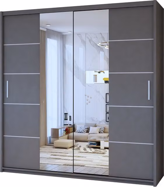 Sliding Wardrobes 4U Burj Modern Grey Sliding Mirror Wardrobe, Width: 180 cm