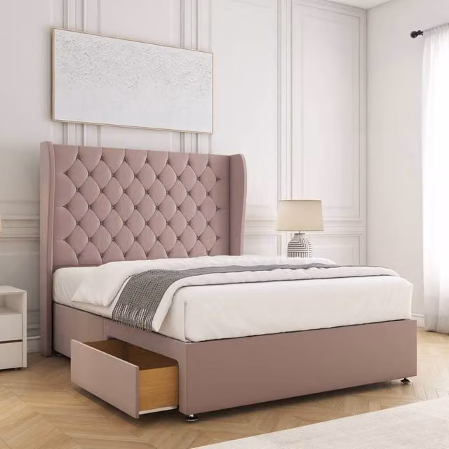 BSSPOKE Amelia King Size Divan Bed Set in Pink Plush Velvet with 2 Drawers and 54 inch Headboard, W/D/H: 180 x 200 cm