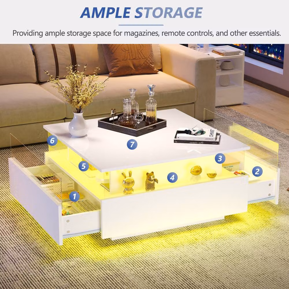 Rolipo Modern White Glossy Square LED Coffee Table with 2 Drawers and Glass Top W/D/H: 50 x 70 x 41 cm – 3