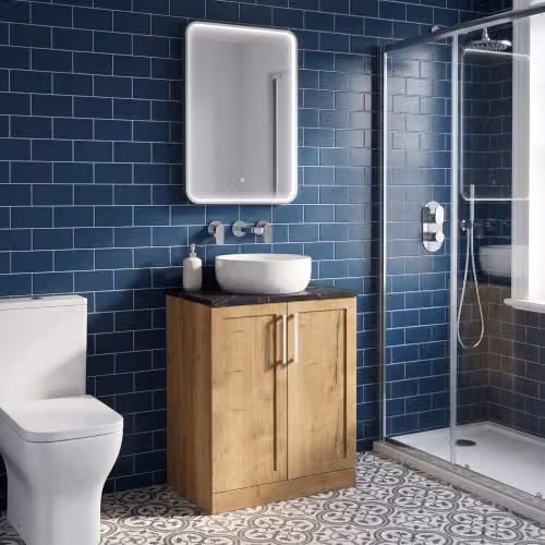 Balterley Stonnall Traditional 2 Door Floor Standing Bathroom Vanity Unit in Autumn Oak with Black Pietra Marble Laminate Worktop – 3