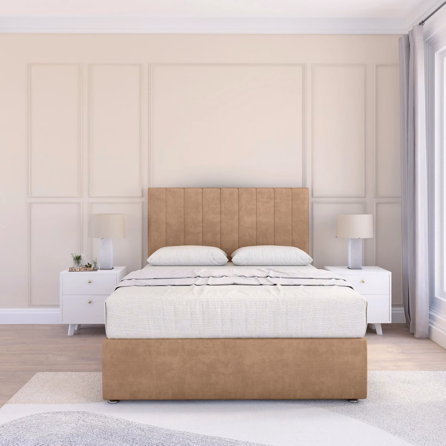 Sloomy Kansas Double Divan Bed Base and Floor Standing Headboard in Light Sand Microfibre Fabric, W/D/H: 140 x 200 cm