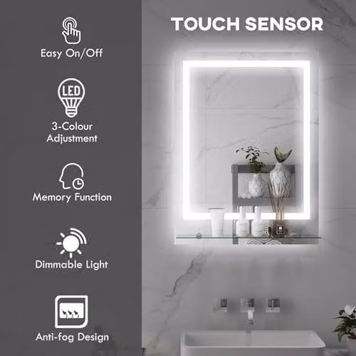 Kleankin Dimmable LED Bathroom Mirror in Silver with Touch Switch and Rectangular Design – 3