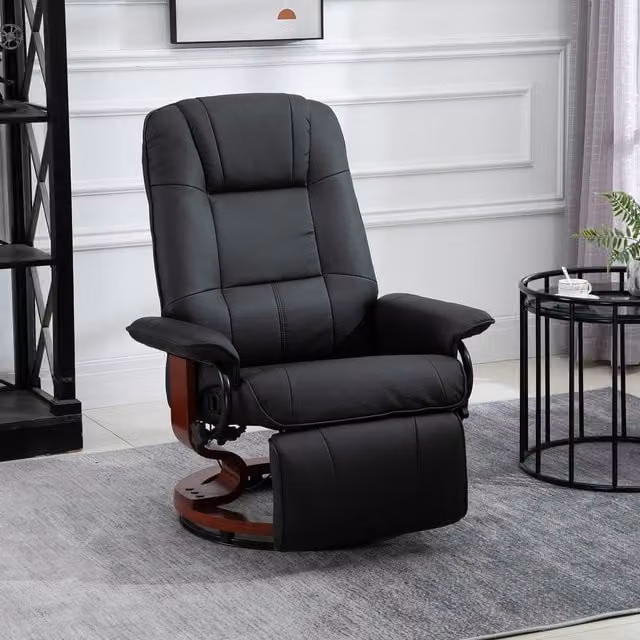 HOMCOM Black Synthetic Leather Recliner Chair with Solid Wood Frame and 360 Degree Swivel
