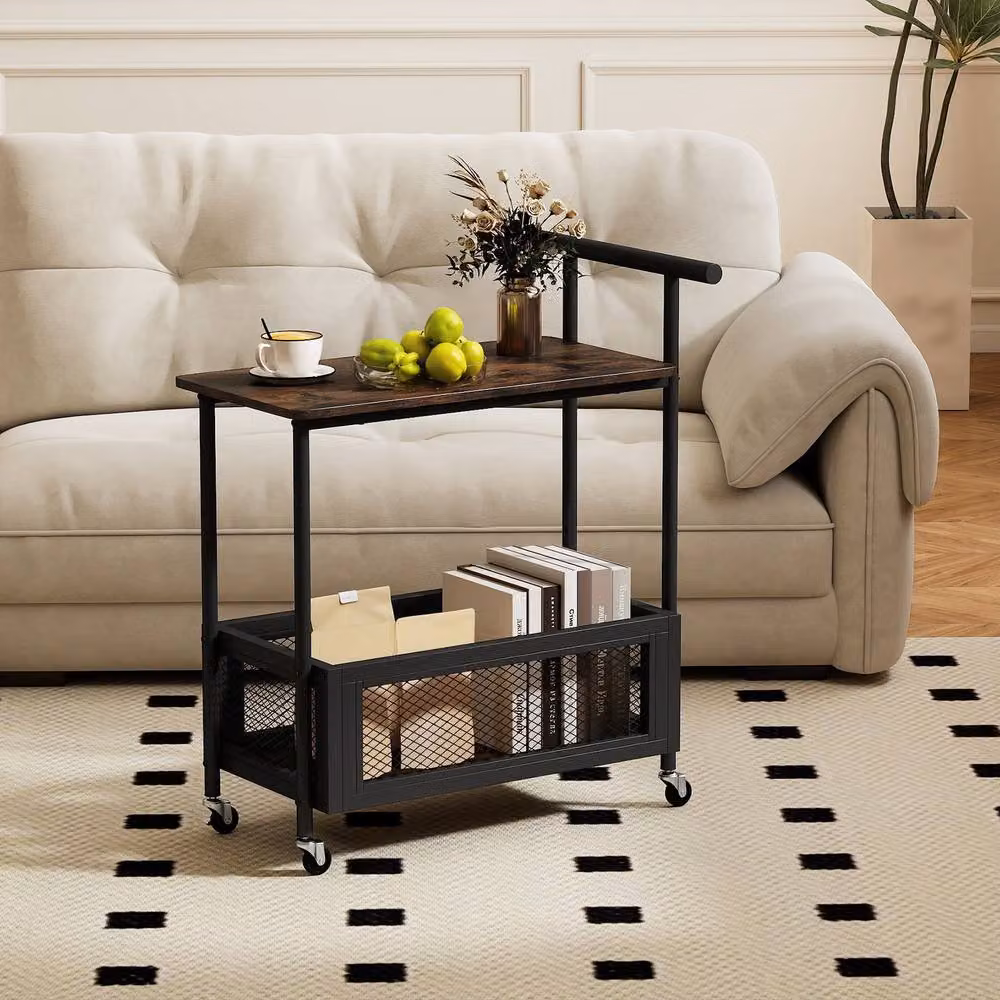 Gymax 2-Tier Industrial Rolling End Table with Handle and Mesh Basket in Brown – 7