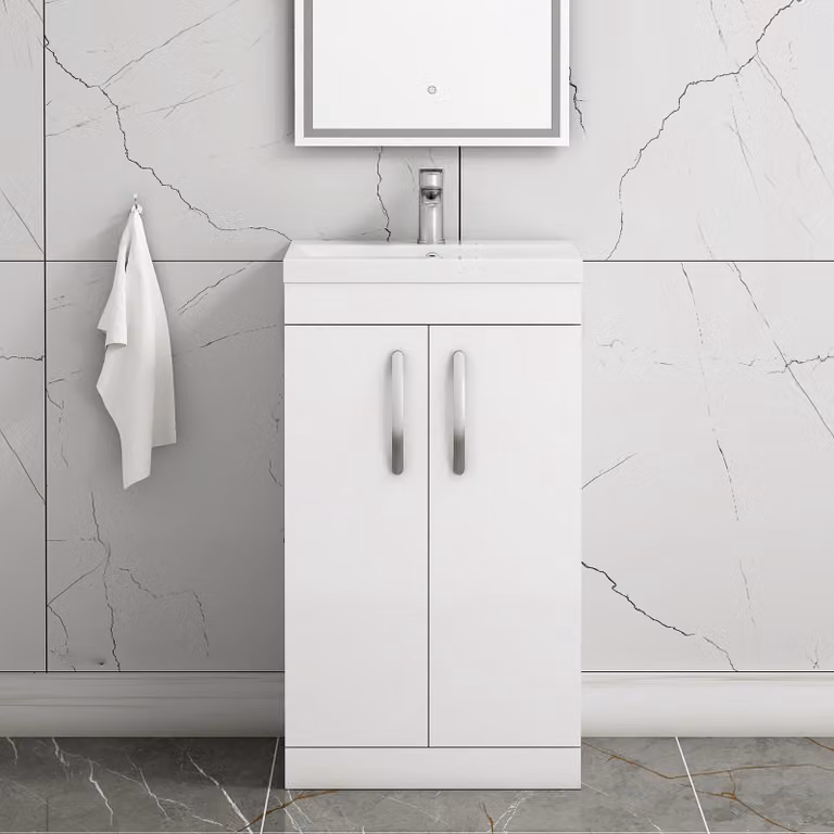 Royal Bathrooms Turin 500mm Floor Standing 2 Door Vanity Unit with Mid-Edge Basin, White Glossy Finish