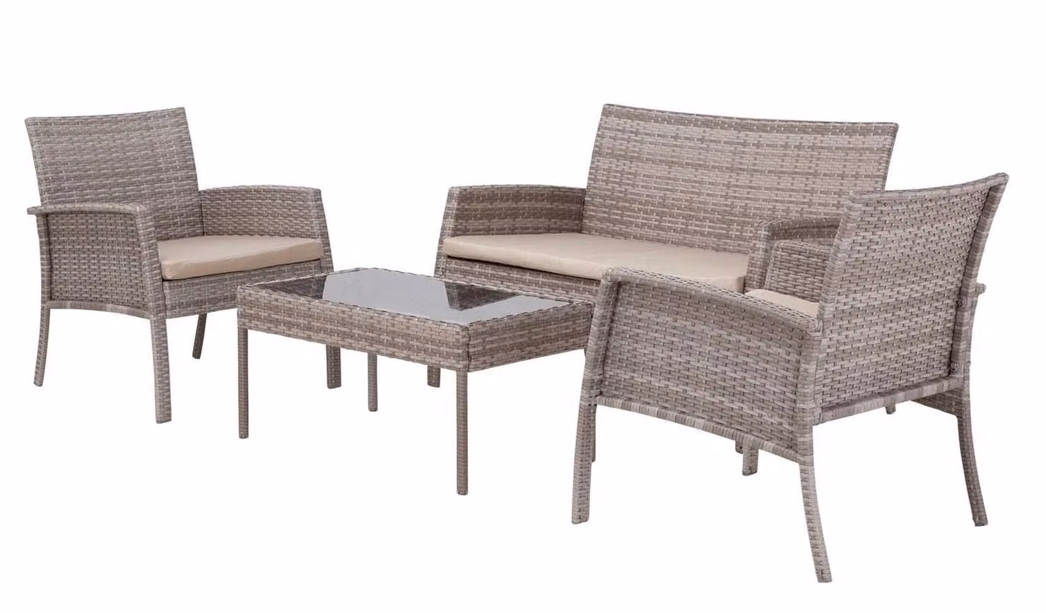 Cheap Furniture Warehouse Lucia 4 Seater Rattan Effect Garden Furniture Set with Grey and Beige Cushions