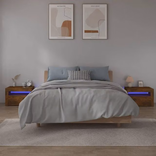 Berkfield Home Set of 2 Modern Bedside Cabinets with Integrated LED Lighting in Smoked Oak Brown, W: 60 cm, D: 35 cm, H: 40 cm – 1