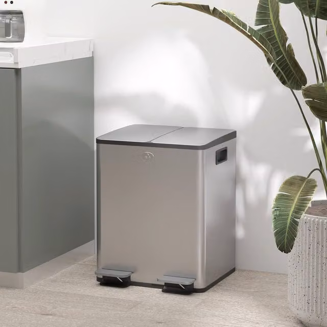 HOMCOM 20L Dual Kitchen Pedal Bin with Removable Inner Buckets and Odour Filter in Silver