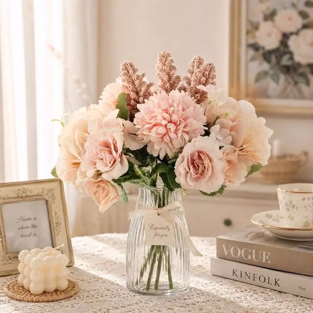 Garden Sanctuary Pink Romantic Artificial Mixed Floral Bouquet for Wedding and Home Decoration