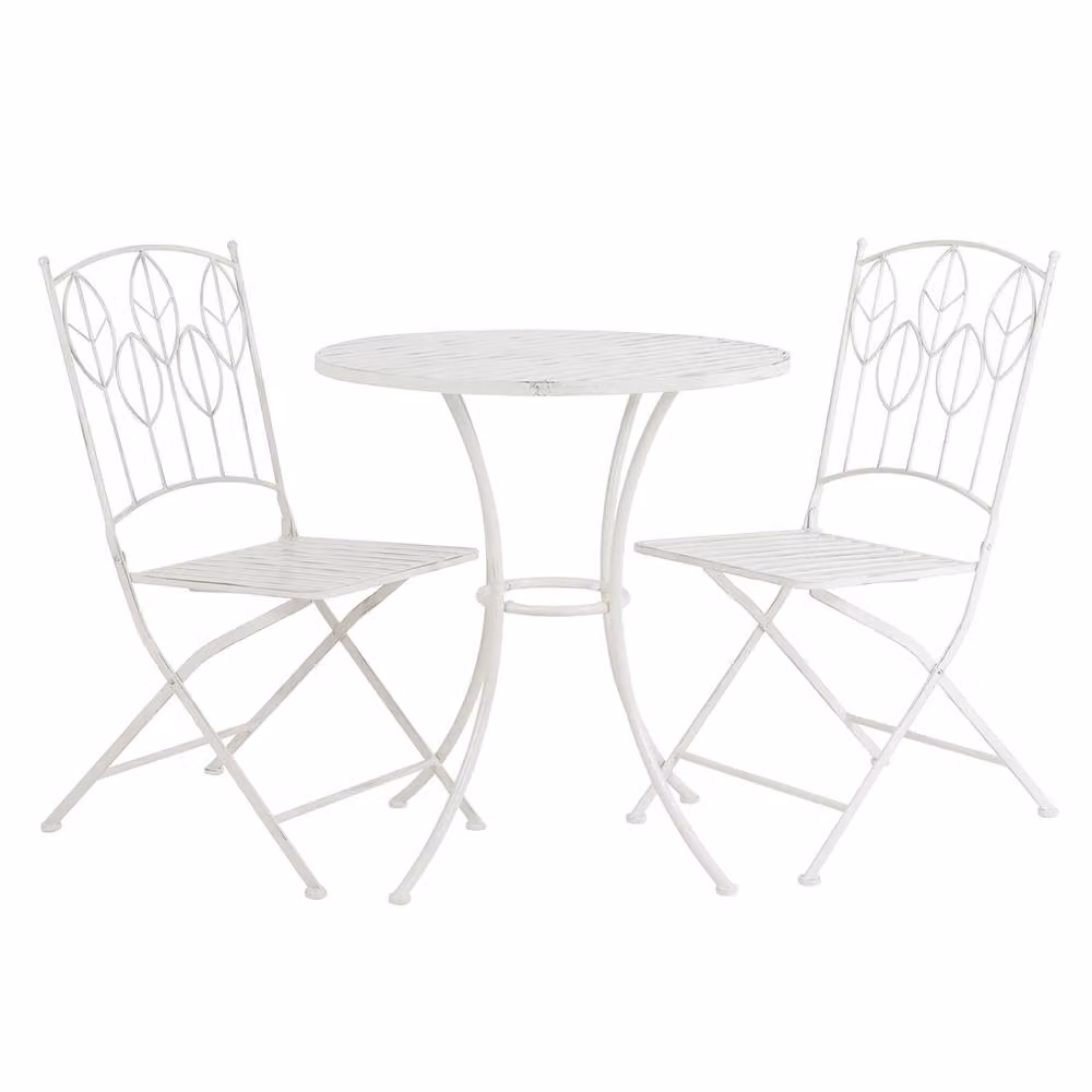 Charles Bentley Rustic Metal Garden Bistro Set with Leaf Design in White – 2