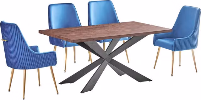 Life Interiors Soho Duke LUX Dining Set with Rectangular Wood Table and 4 Blue Velvet Upholstered Chairs with Gold Metal Legs