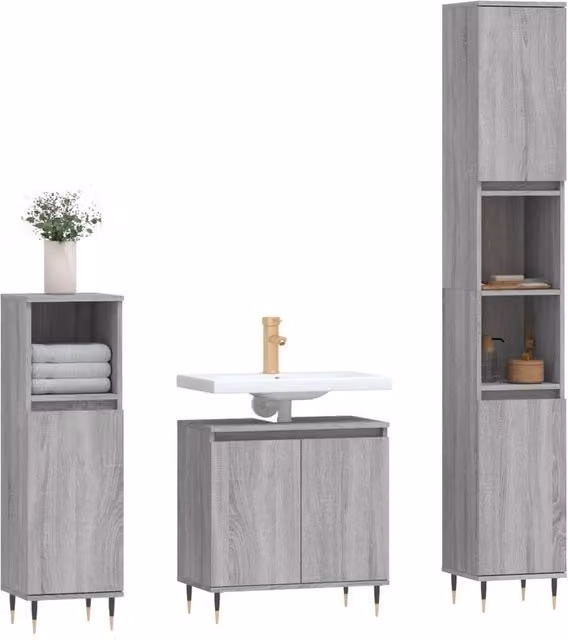Berkfield Home Modern 3 Piece Grey Bathroom Cabinet Set with Vanity Unit, Tall Cabinet and Side Cabinet – 1