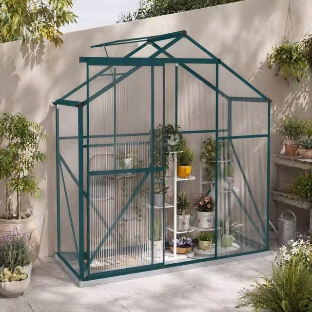STILVORA Walk-In Greenhouse with Sliding Door and Polycarbonate Windows in Green – 1