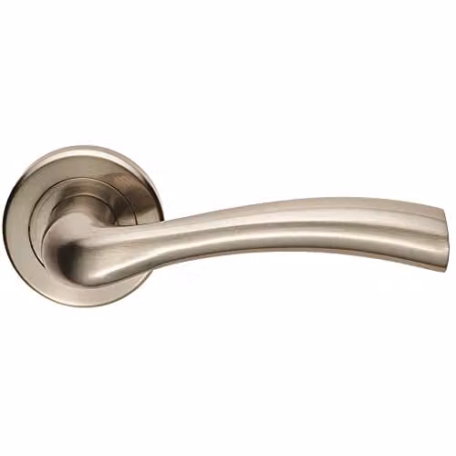 Loops Pair of Curved Flared Door Handles with Concealed Fix Round Rose in Satin Nickel