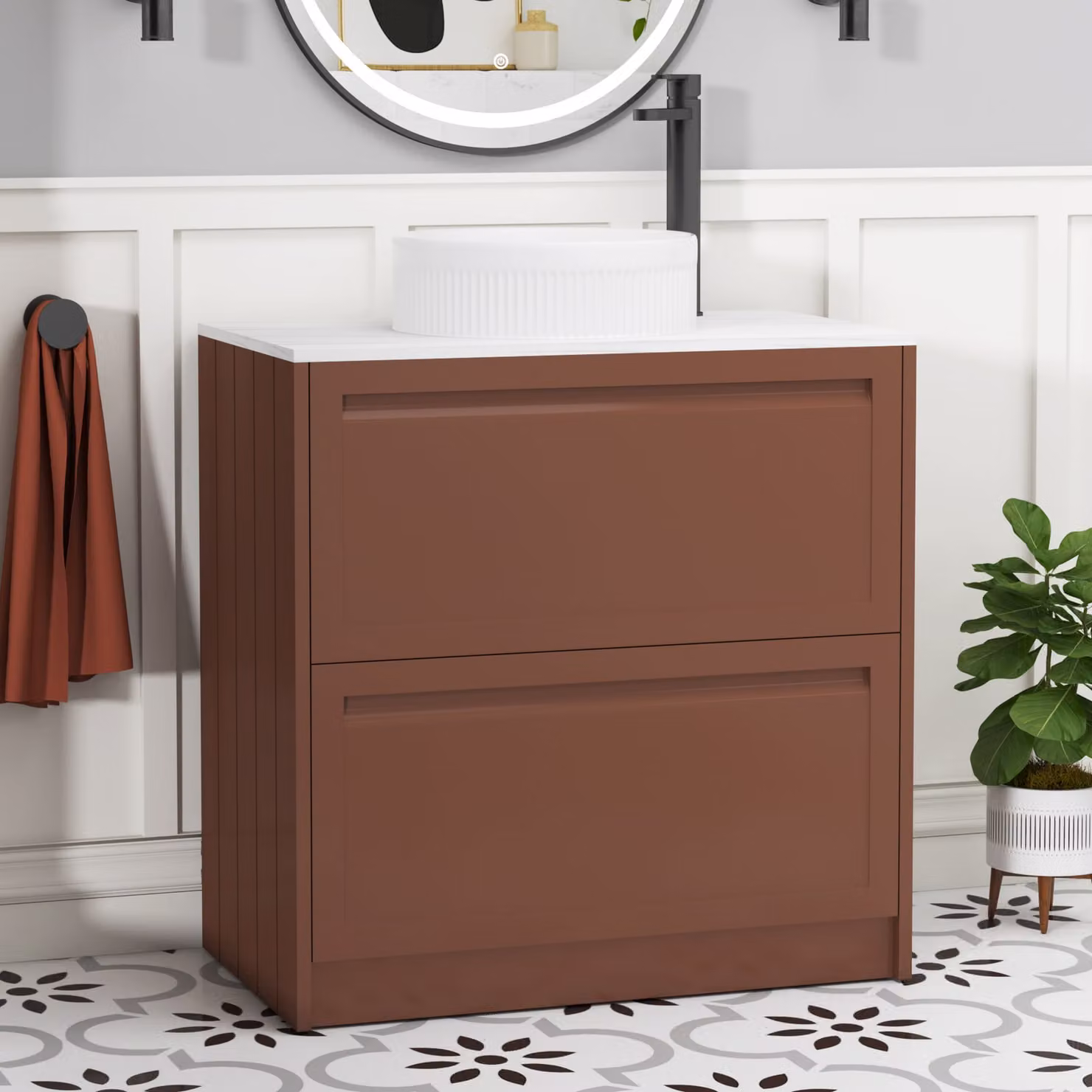 Royal Bathrooms Elmore Terracotta Clay Floor Standing Countertop Vanity Unit with 2 Drawers and Round Basin, Width: 80 cm