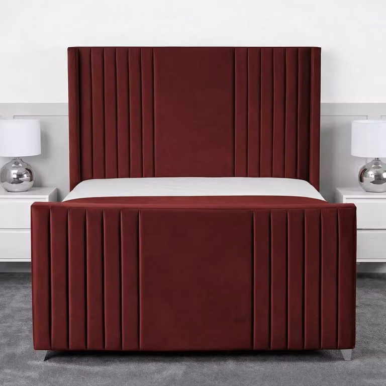 Living Comfort Bedz Emilia Plush Velvet Upholstered King Size Bed with Slatted Base and 48 Inch Headboard in Maroon