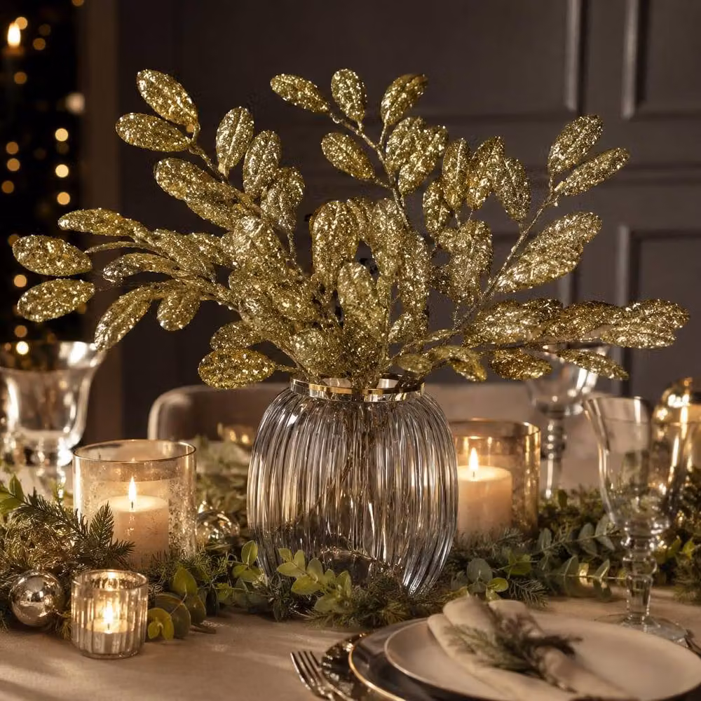 Shatchi Gold Glitter Walnut Leaf Christmas Tree Picks, 6 Pack, Height: 35 cm – 6