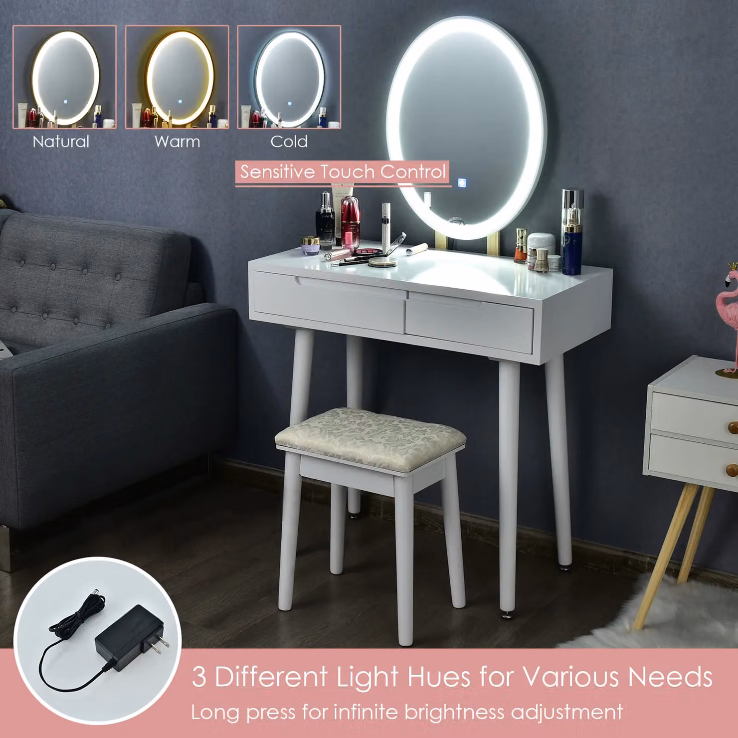 Costway Modern White Vanity Table Set with Hollywood LED Lighted Mirror and Rubberwood Construction – 4