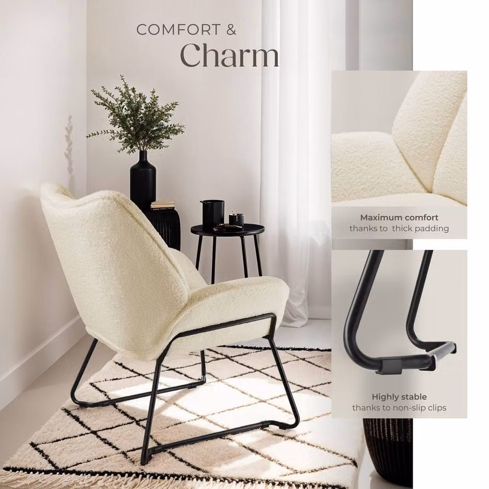 tectake Kjeld Armchair in Cream-White Bouclé Fabric with Metal Frame – 2