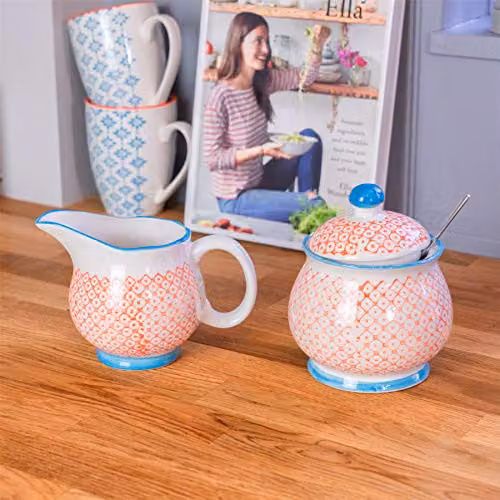 Nicola Spring Hand-Printed Orange Floral Porcelain Milk and Sugar Set, 300ml – 2