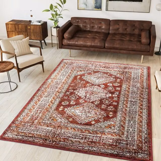 The Rug House Red Terracotta Bordered Traditional Medallion Oriental Living Room Rug, W: 230 cm, D: 160 cm