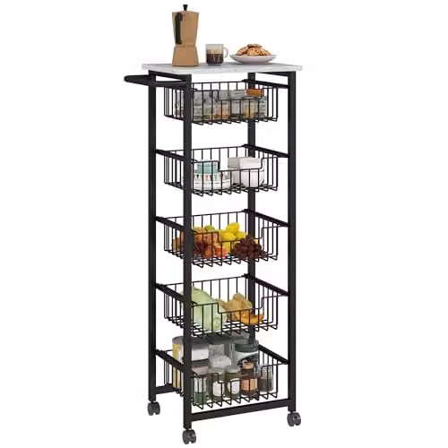 HOMCOM 5-Tier Kitchen Trolley on Wheels with Marble-Effect Top, Light Grey, W: 49.5 cm, D: 31.0 cm, H: 111.0 cm