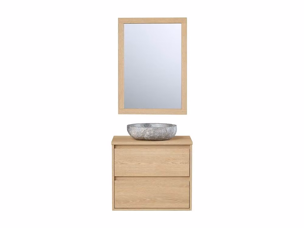 MILIPAM Scandinavian Style Bathroom Unit with Stone Washbasin and Mirror Cabinet in Oak, W: 60.0 cm, D: 45.0 cm, H: 50.0 cm – 2