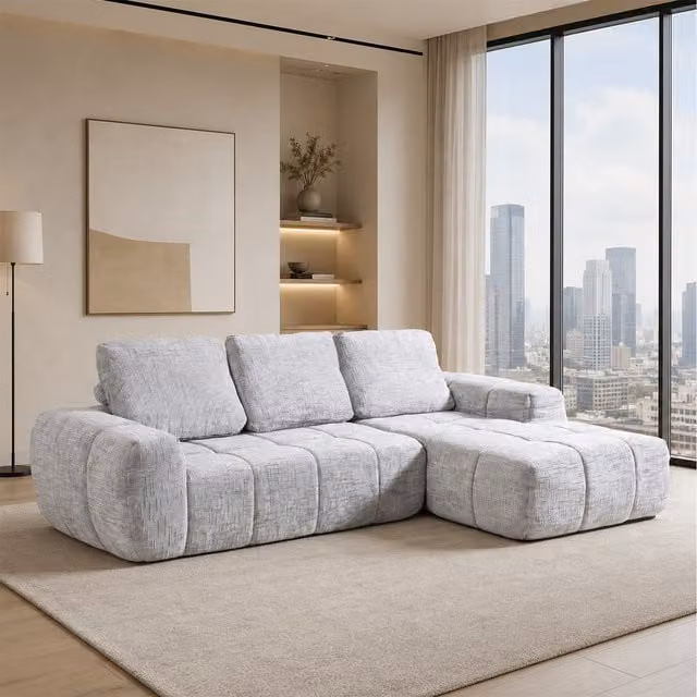 Mimo Reversible L-Shape Modular Chaise Lounge Sofa Set in Grey Chenille Fabric