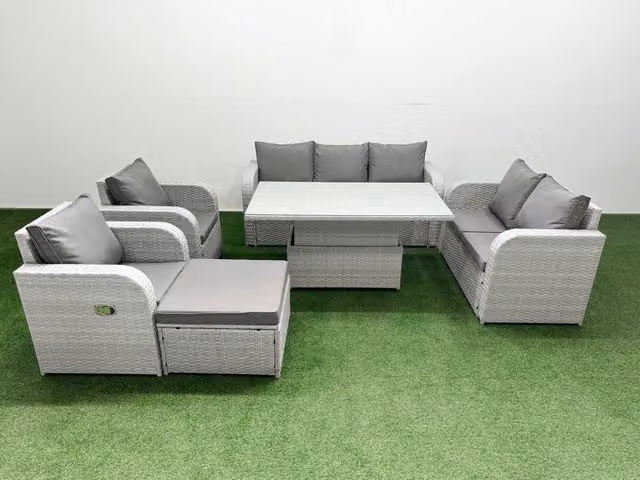 Fimous Grey PE Rattan Garden Furniture Set with Reclining 2 Seater Sofa, Double Love Seat and Coffee Table