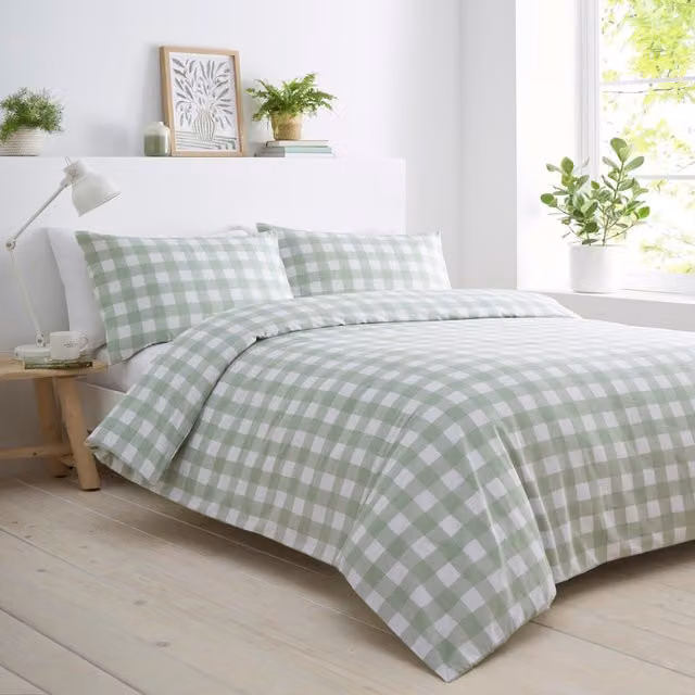 Portfolio Home Green Gingham Check Bedding Set with Duvet Cover and Pillowcase, Super King
