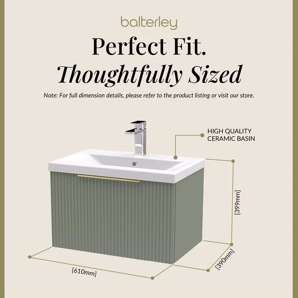 Balterley Fluted Front Wall Hung 1 Drawer Vanity Basin Unit, Satin Green, W: 60 cm – 3
