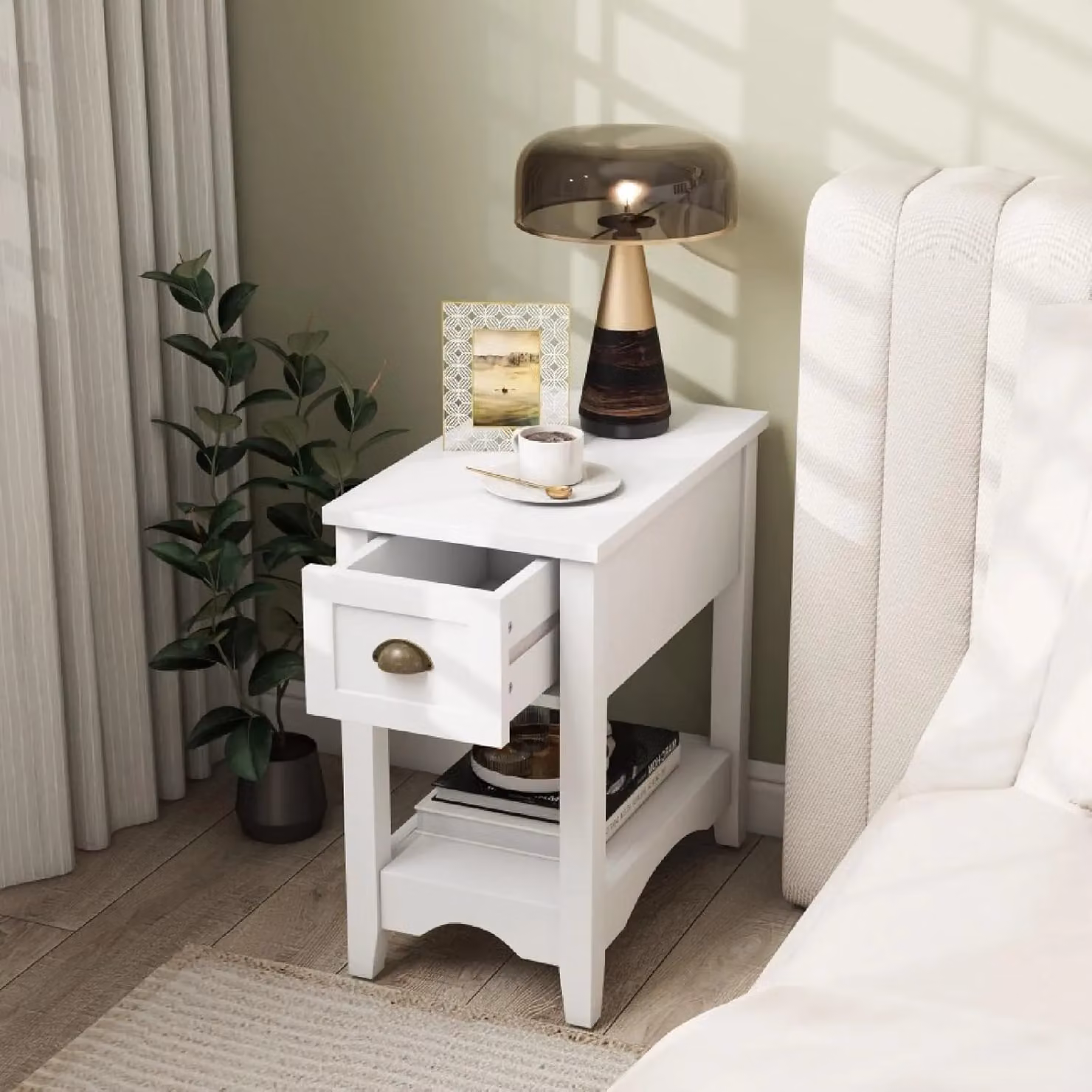 Gymax Retro Side Table and Nightstand with 1 Drawer and Solid Wood Legs in White – 2